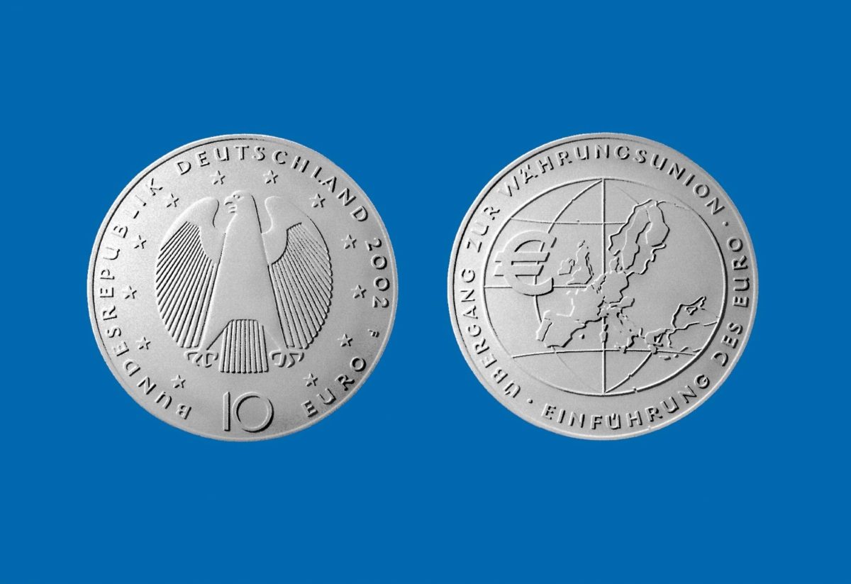 10-Euro-Münze aus Deutschland mit Vorder- und Rückseite.