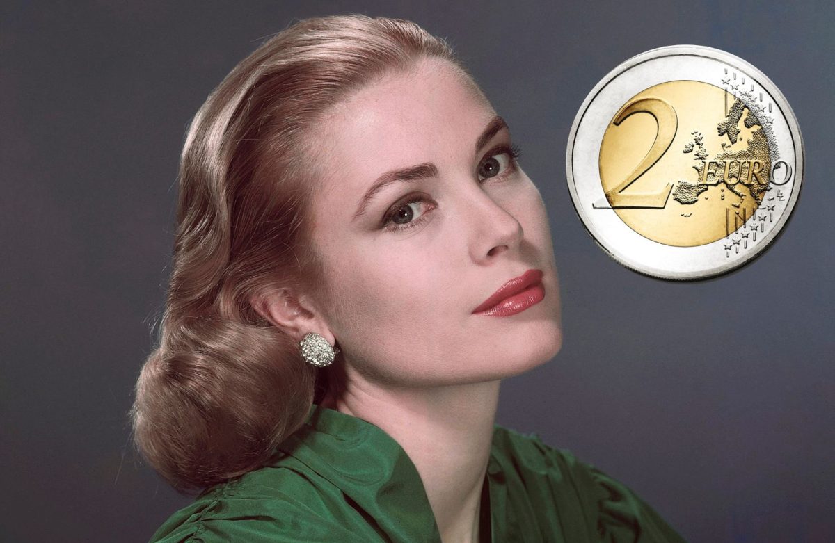 Grace Kelly ist im Portrait neben einer 2-Euro-Münze zu sehen.