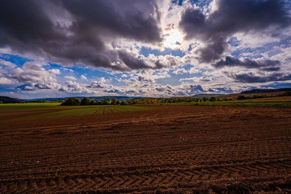 Leerer Acker mit Regenwolken am Himmel.