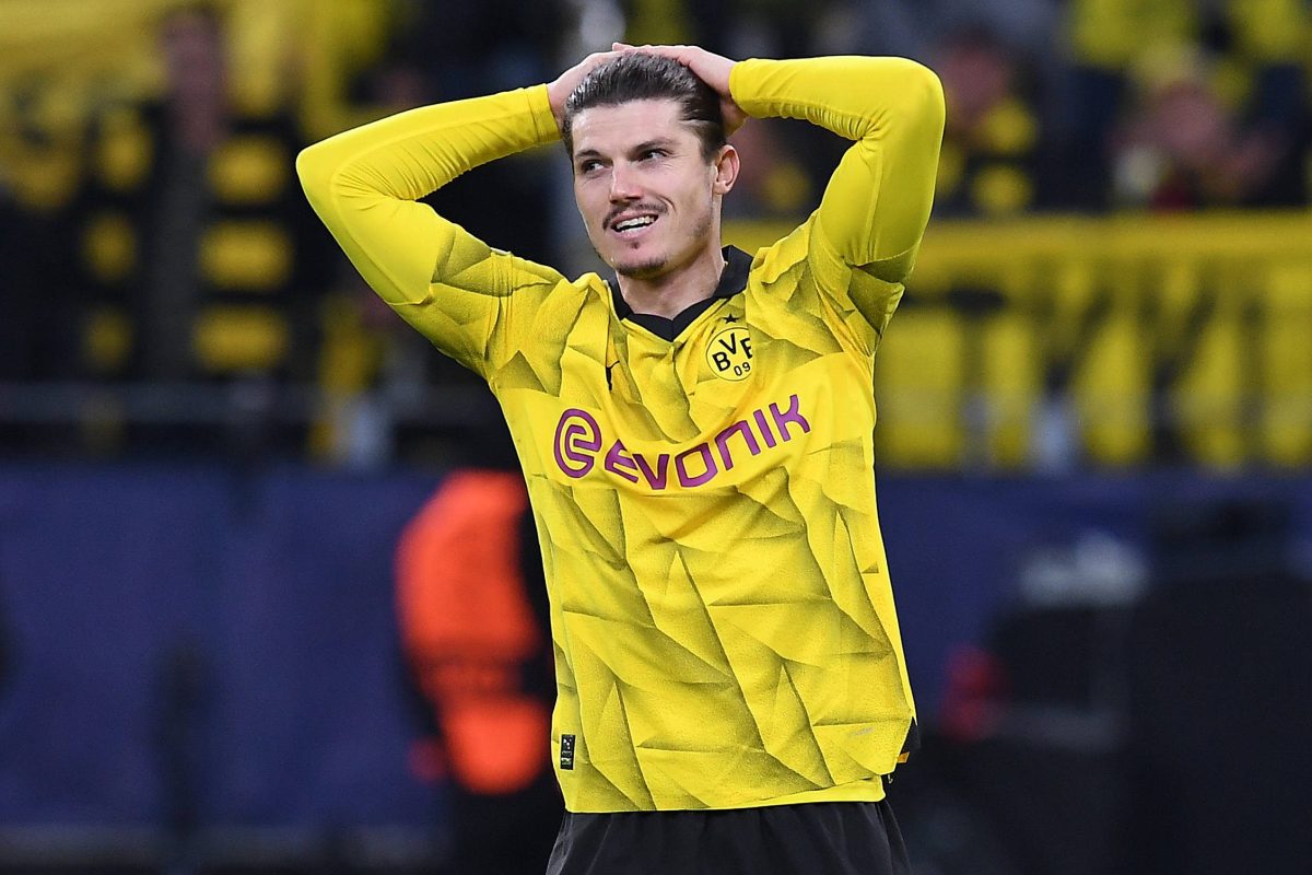 Borussia Dortmund: Marcel Sabitzer schlÃ¤gt die HÃ¤nde Ã¼ber dem Kopf zusammen.