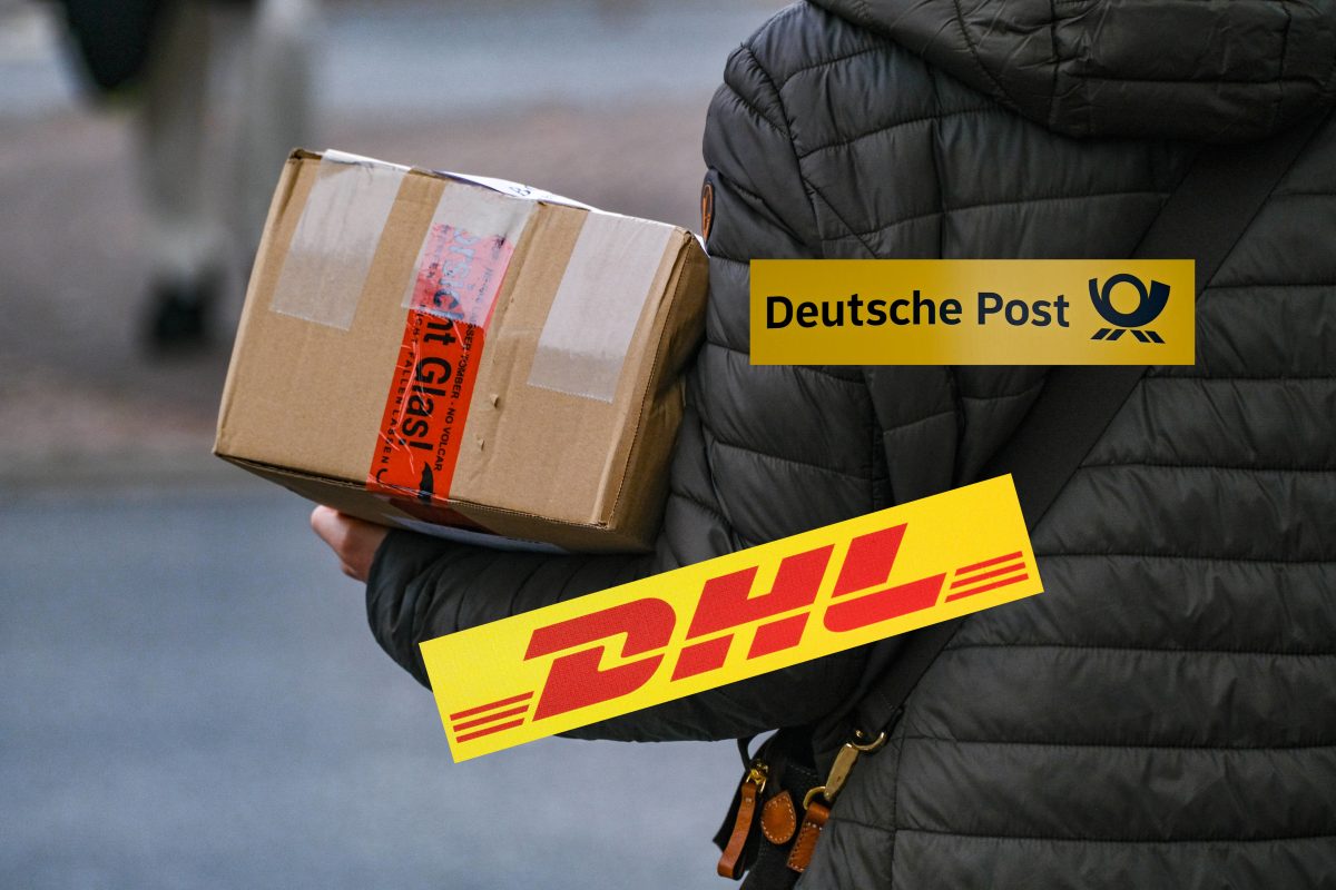DHL, Deutsche Post-Logo, Frau mit Paket auf dem Arm