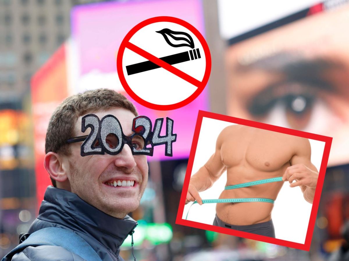 Ein Mann mit einer Brille in der Form der Jahreszahl 2024 blickt auf seine Neujahrsvorsätze: mit dem Rauchen aufhören und abnehmen.