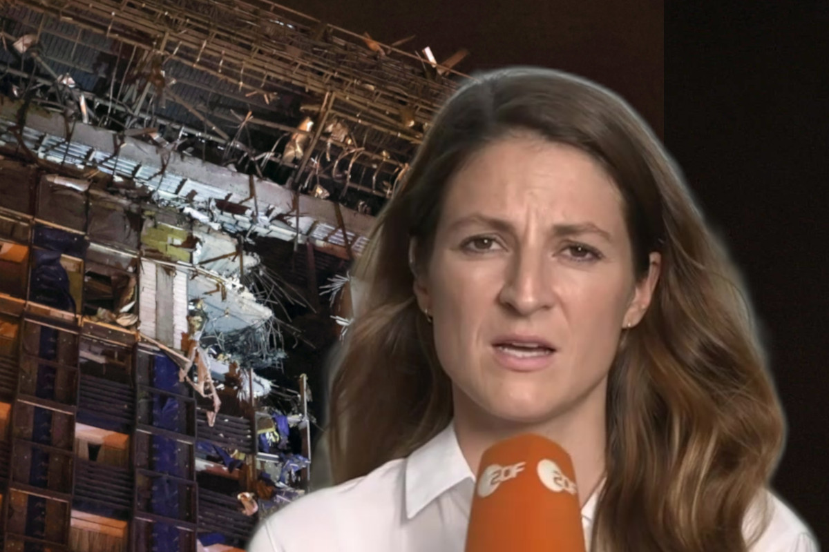 Das zerstörte Hotel in Charkiw und die ZDF-Reporterin Alica Jung