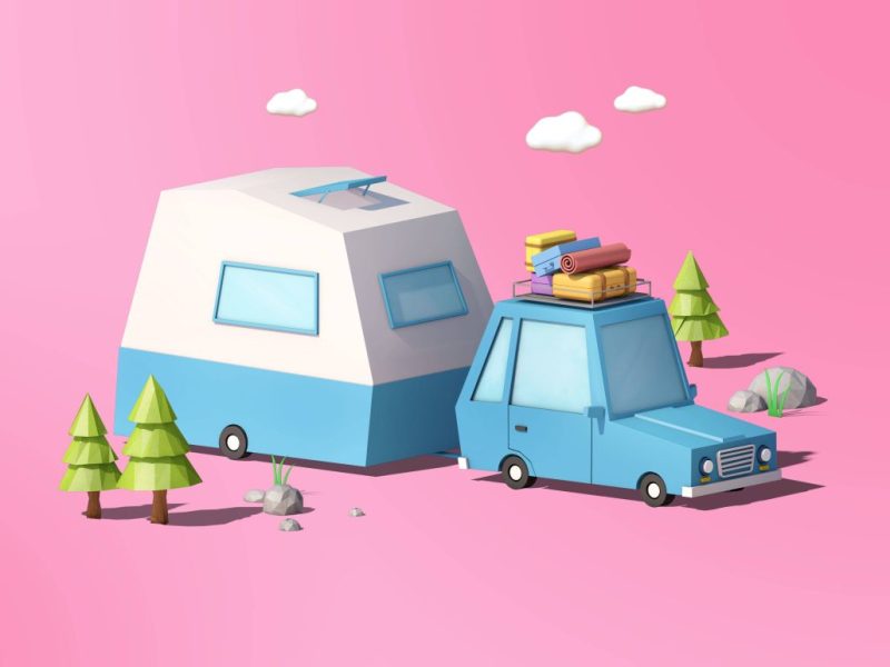 Es handelt sich um ein fiktives Bild. Der Hintergrund ist pink. Vorne im Bild ist ein blaues Auto mit orangenen Koffern auf dem Dach. Hinten an dem Auto ist ein Anhänger. Dieser ist blau und weiß. Oben in dem Bild sind drei weiße Wolken und unten sind drei grüne Tannenbäume zu sehen.