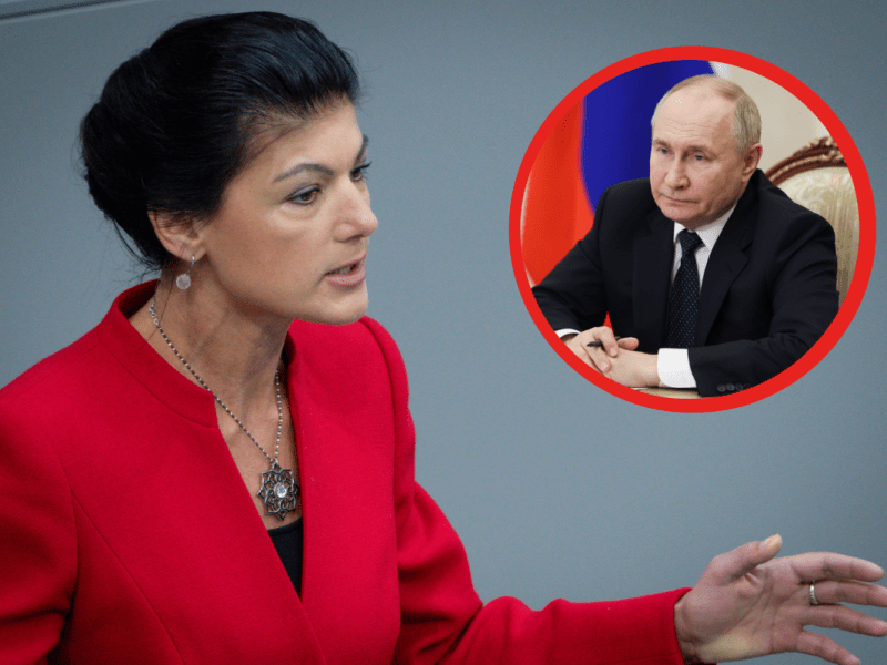 Sahra Wagenknecht in einer Bildmontage mit Wladimir Putin.