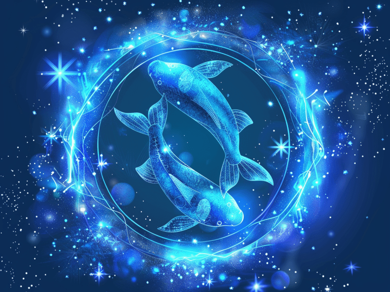 Zwei Fische im blauen Kreis mit Sternen