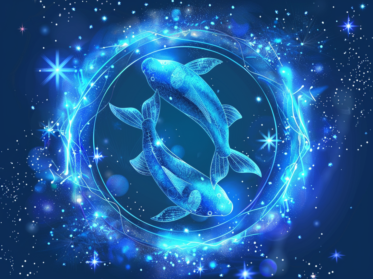 Zwei Fische im blauen Kreis mit Sternen