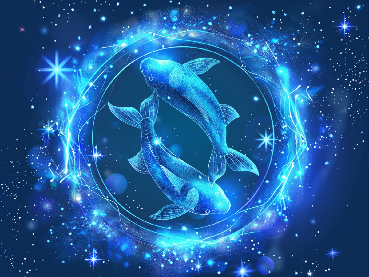 Zwei Fische im blauen Kreis mit Sternen
