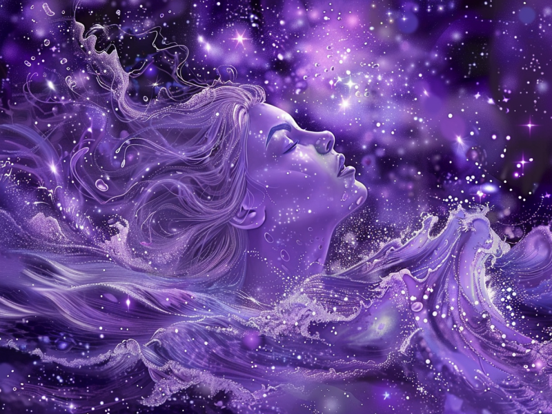 Frau in den Wellen mit lila Universum als Hintergrund.